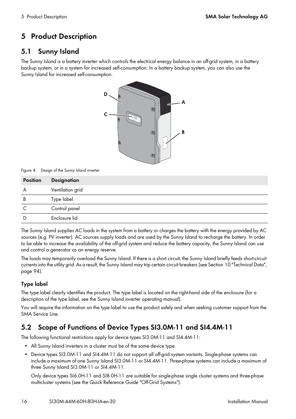 5 product description, 1 sunny island | SMA SI 3.0-11 Installation User Manual | Page 16 / 104