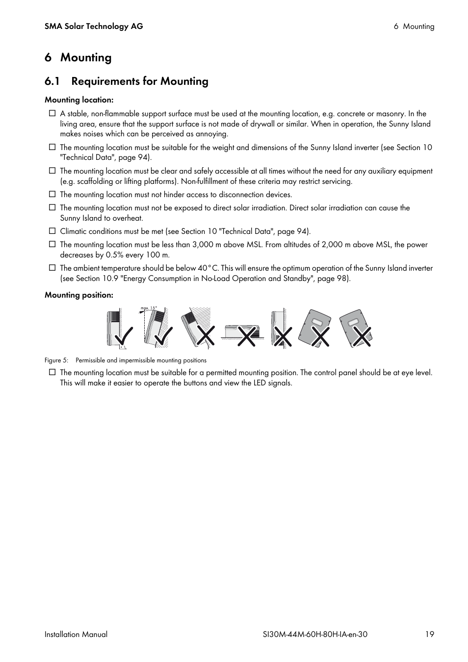 6 mounting, 1 requirements for mounting | SMA SI 3.0-11 Installation User Manual | Page 19 / 104