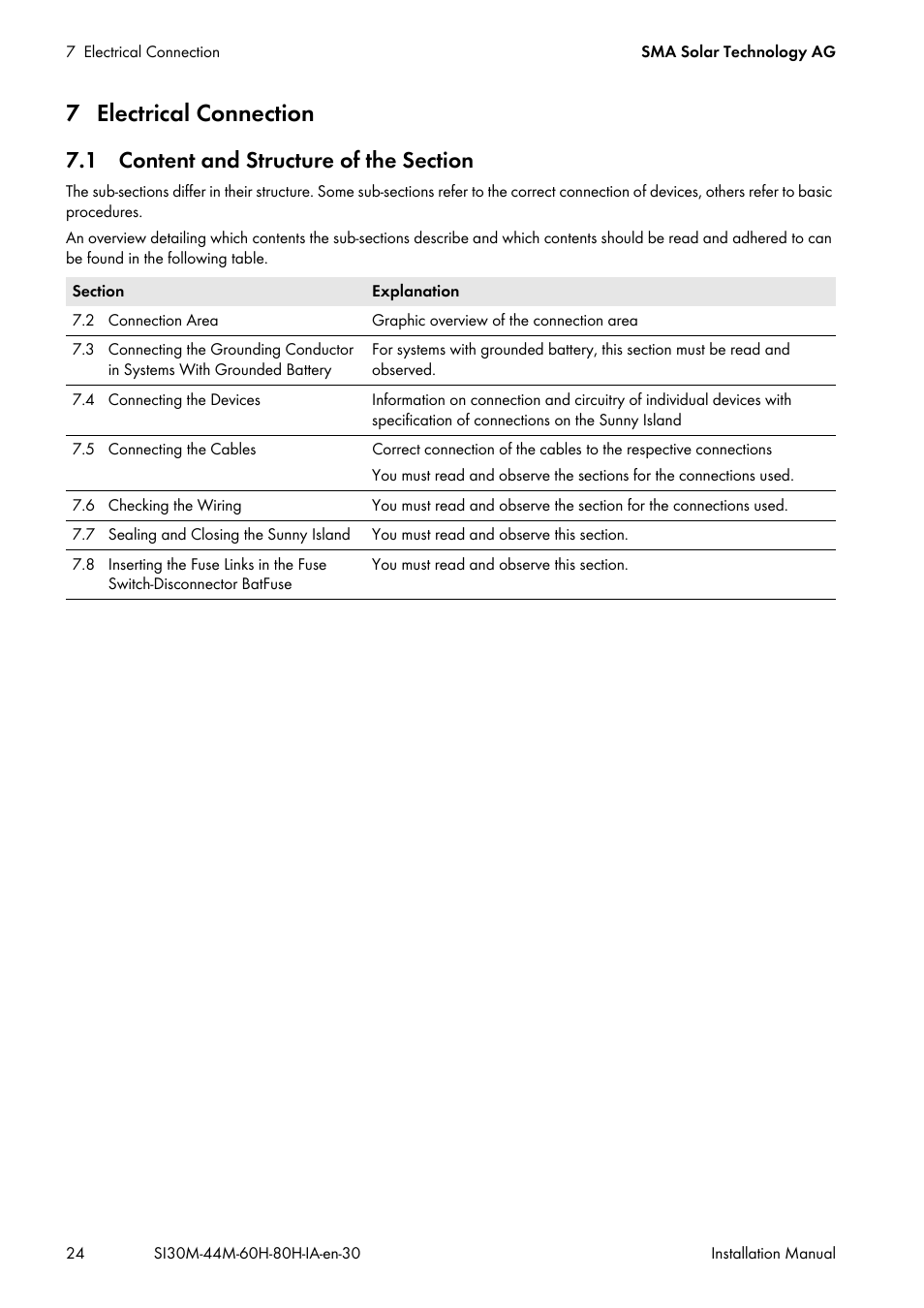 7 electrical connection, 1 content and structure of the section | SMA SI 3.0-11 Installation User Manual | Page 24 / 104
