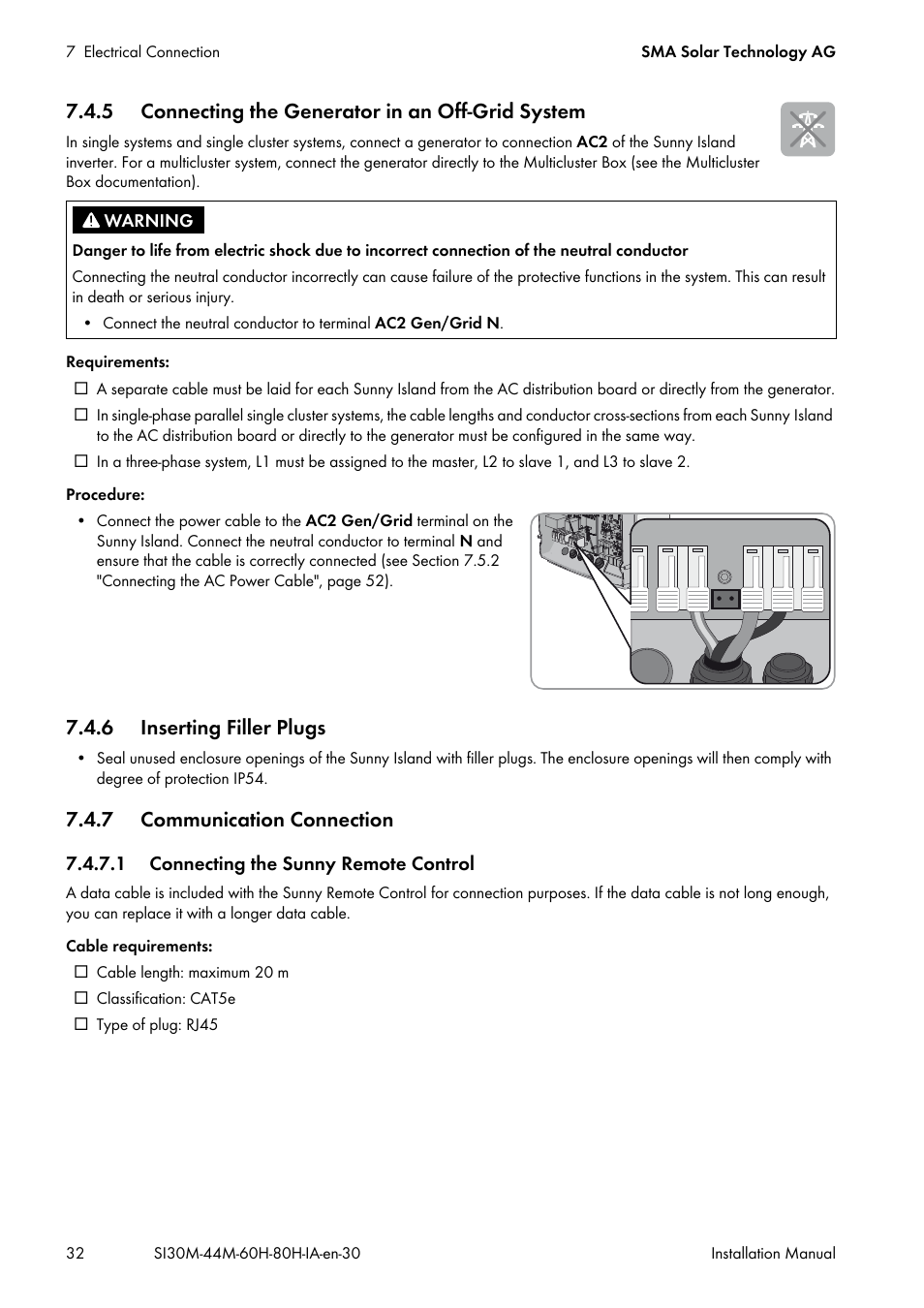 5 connecting the generator in an off-grid system, 6 inserting filler plugs, 7 communication connection | 1 connecting the sunny remote control | SMA SI 3.0-11 Installation User Manual | Page 32 / 104