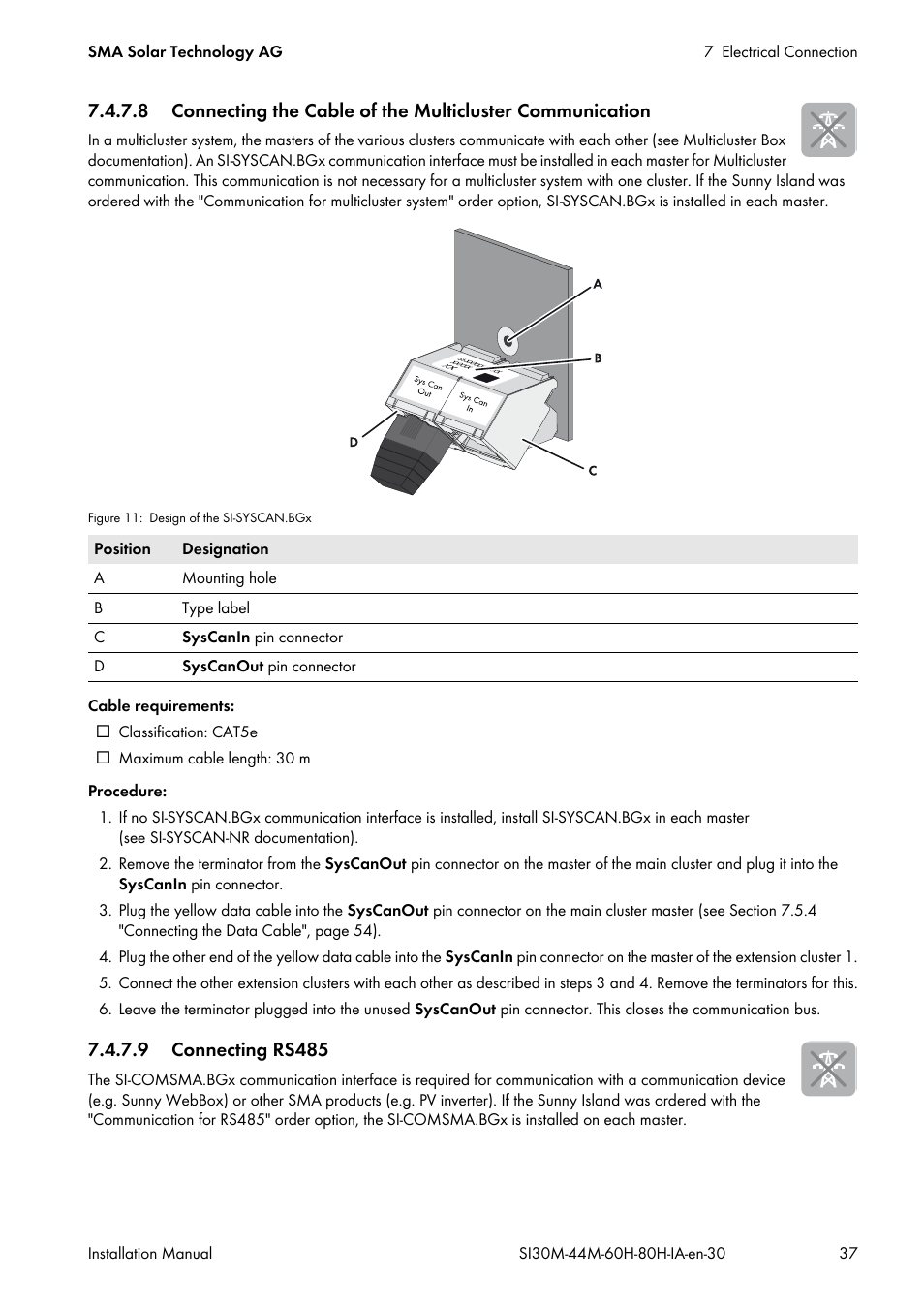 9 connecting rs485 | SMA SI 3.0-11 Installation User Manual | Page 37 / 104