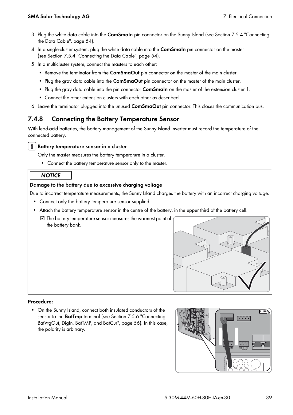 8 connecting the battery temperature sensor | SMA SI 3.0-11 Installation User Manual | Page 39 / 104