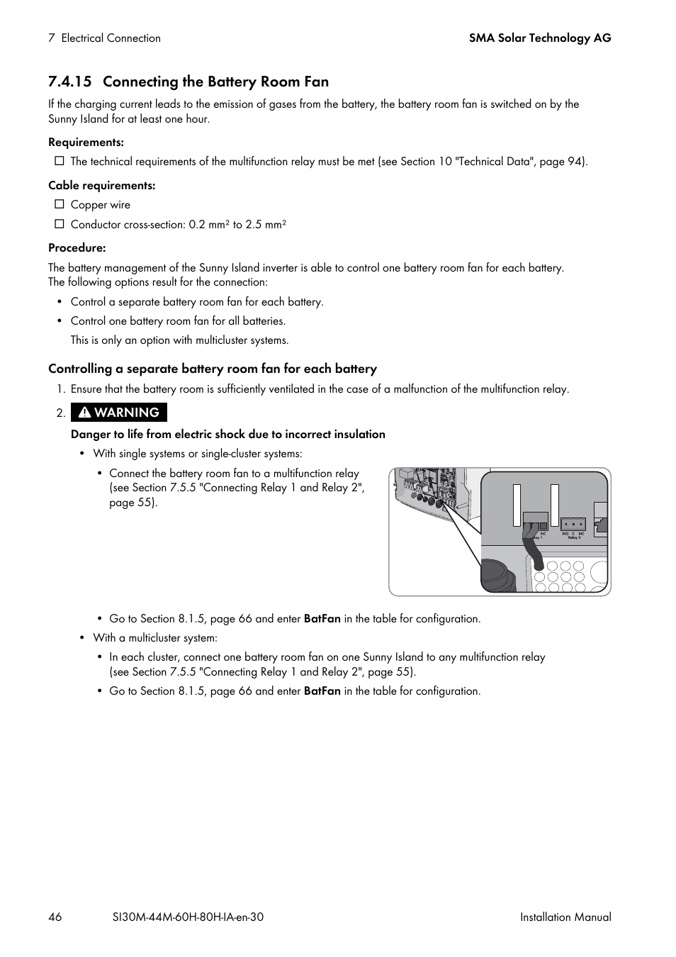 15 connecting the battery room fan | SMA SI 3.0-11 Installation User Manual | Page 46 / 104