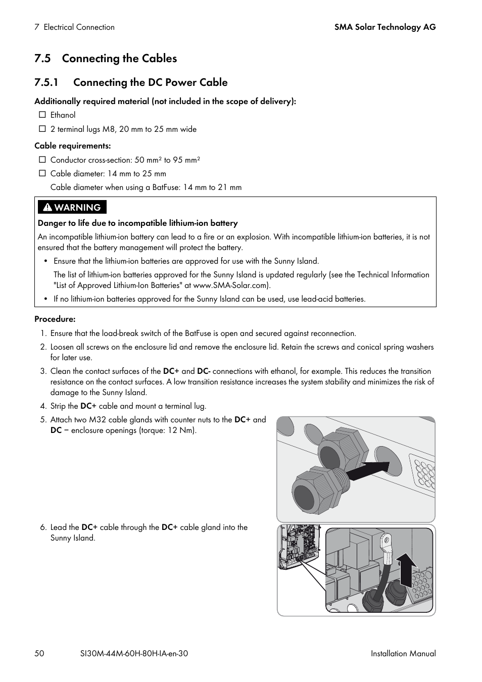 5 connecting the cables, 1 connecting the dc power cable | SMA SI 3.0-11 Installation User Manual | Page 50 / 104