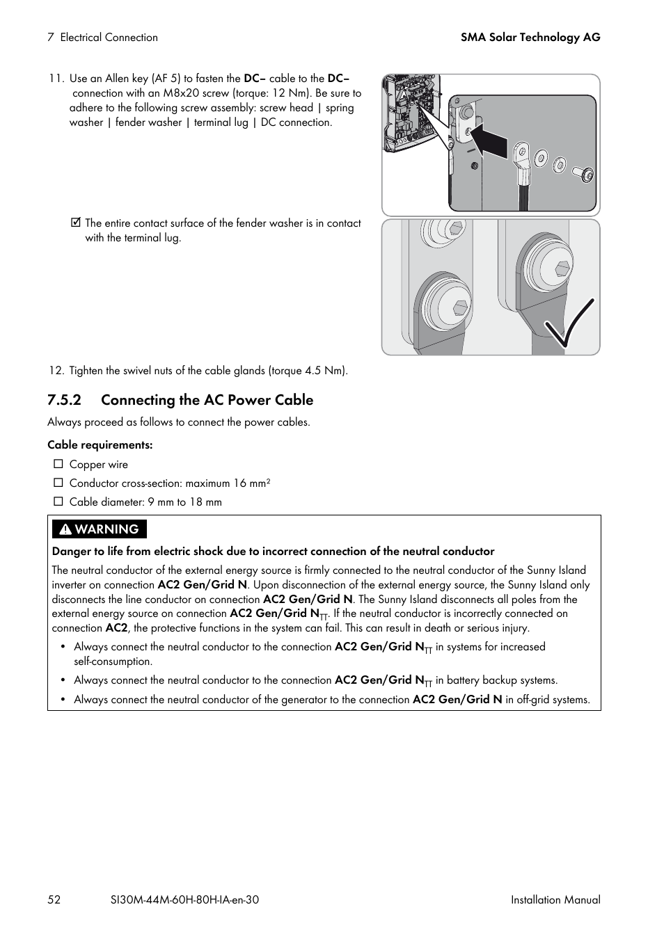 2 connecting the ac power cable, Onnected (see, Ed (see section 7.5.2 | See section 7.5.2 "connecting | SMA SI 3.0-11 Installation User Manual | Page 52 / 104