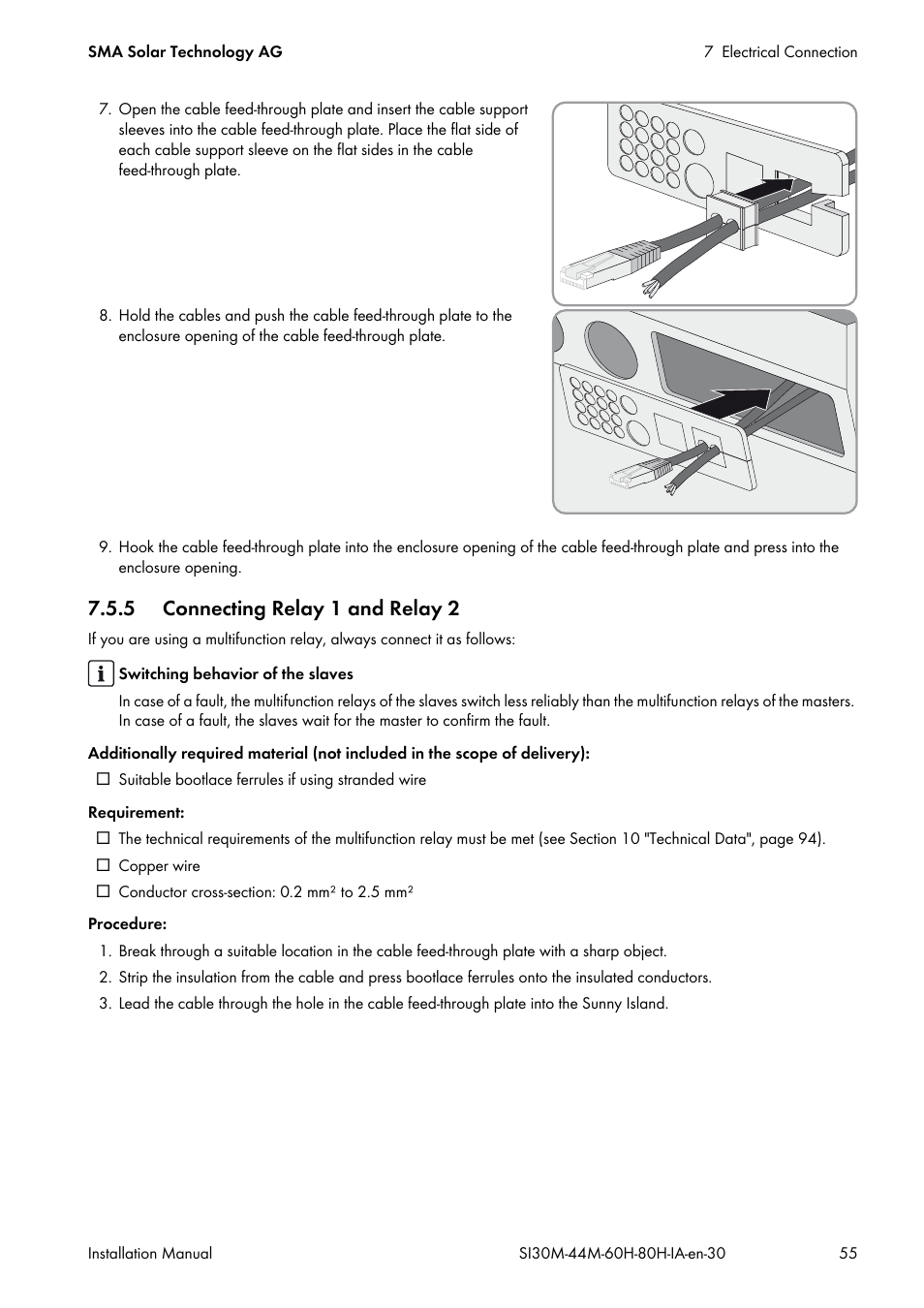 5 connecting relay 1 and relay 2, Ected (see section 7.5.5 "connecting relay 1 and, See section 7.5.5 | See section 7.5.5 "connecting relay 1 and relay 2, Relay (see section 7.5.5, Multifunction relay (see | SMA SI 3.0-11 Installation User Manual | Page 55 / 104