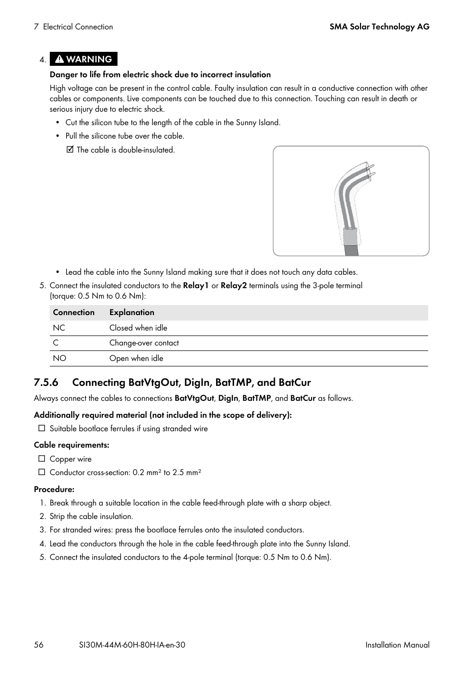 6 connecting batvtgout, digin, battmp, and batcur, Terminal (see section 7.5.6 "connecting, See section 7.5.6 "connecting | SMA SI 3.0-11 Installation User Manual | Page 56 / 104
