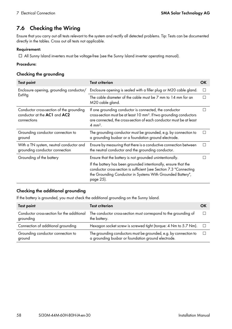 6 checking the wiring | SMA SI 3.0-11 Installation User Manual | Page 58 / 104