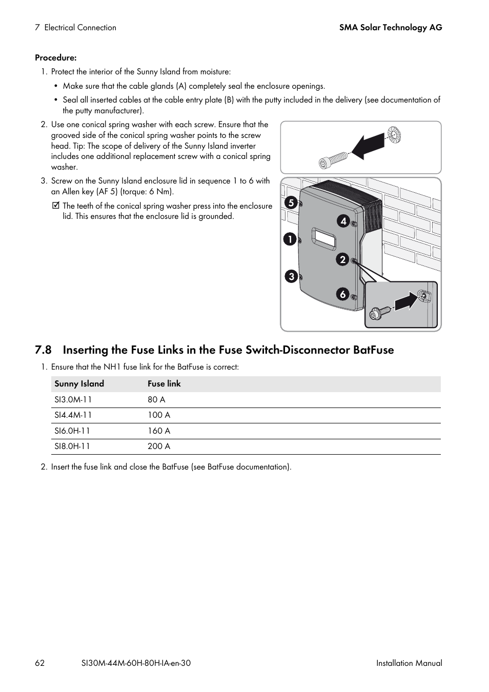 8 inserting the fuse links in the fuse, Switch-disconnector batfuse | SMA SI 3.0-11 Installation User Manual | Page 62 / 104
