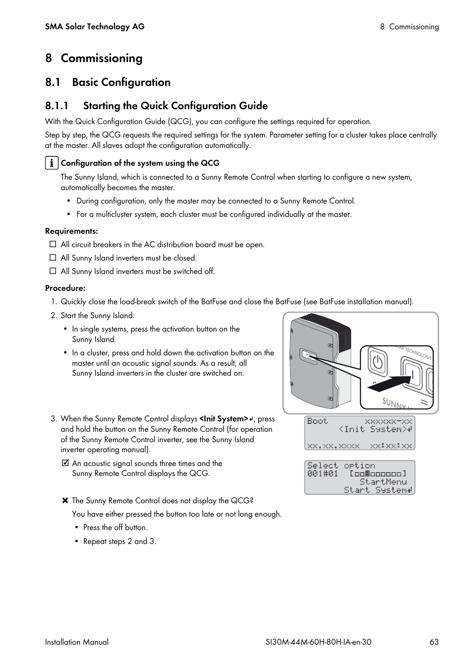 8 commissioning, 1 basic configuration, 1 starting the quick configuration guide | SMA SI 3.0-11 Installation User Manual | Page 63 / 104