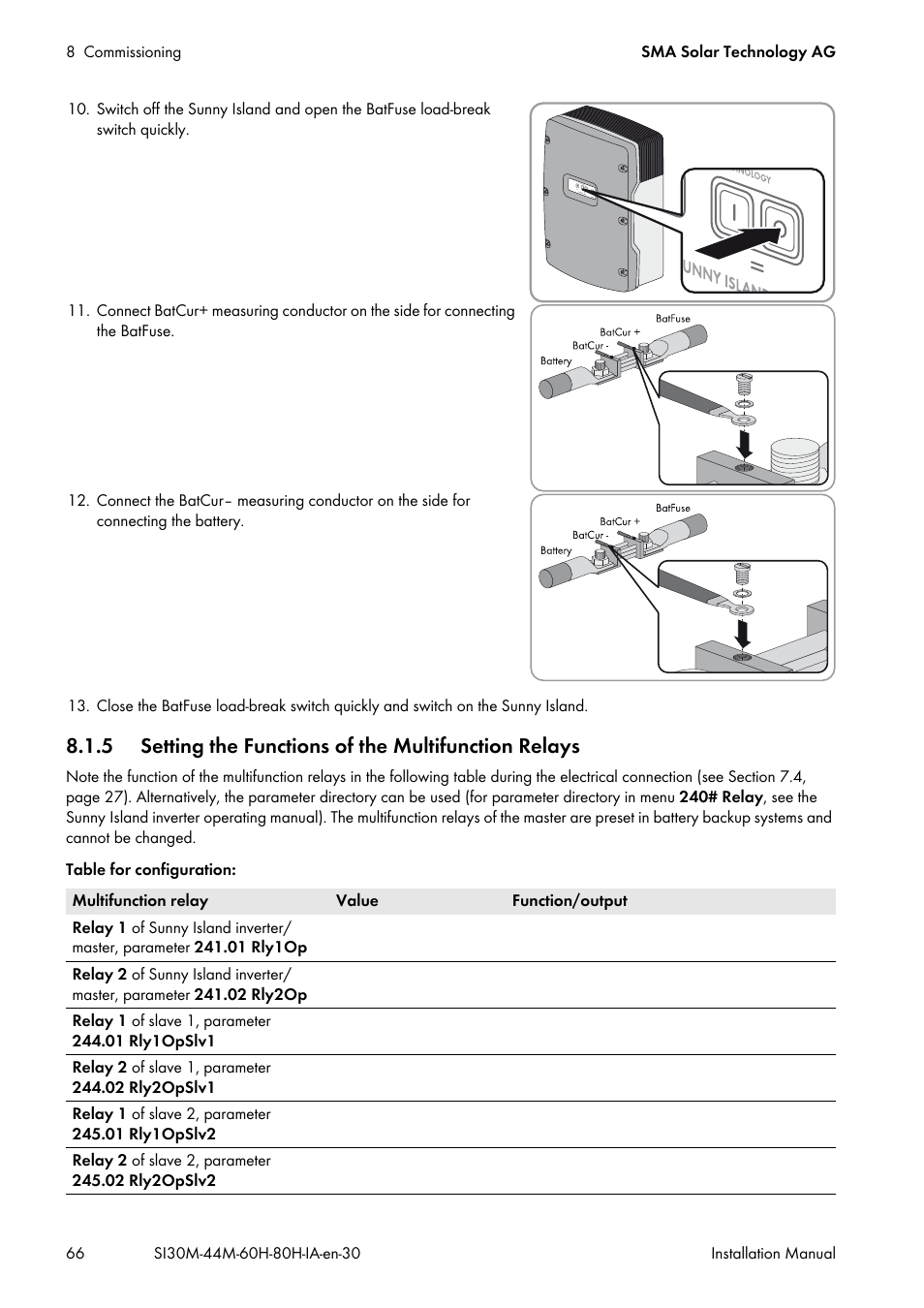Table (see section 8.1.5 "setting the functions | SMA SI 3.0-11 Installation User Manual | Page 66 / 104