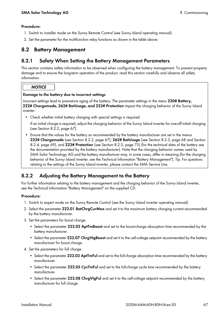 2 battery management, 2 adjusting the battery management to the battery | SMA SI 3.0-11 Installation User Manual | Page 67 / 104