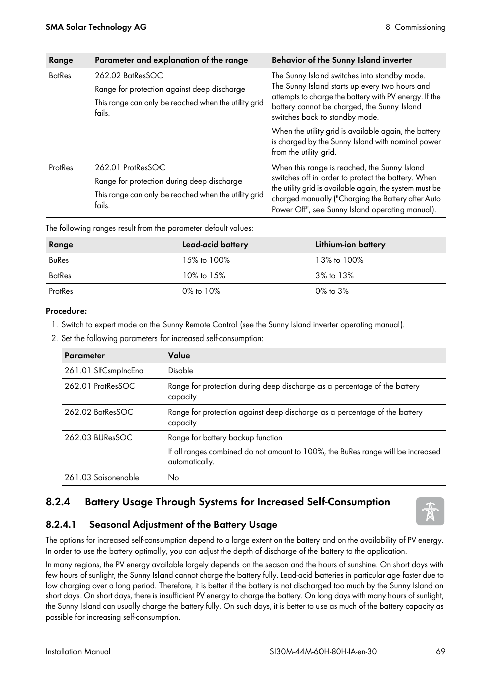 1 seasonal adjustment of the battery usage | SMA SI 3.0-11 Installation User Manual | Page 69 / 104