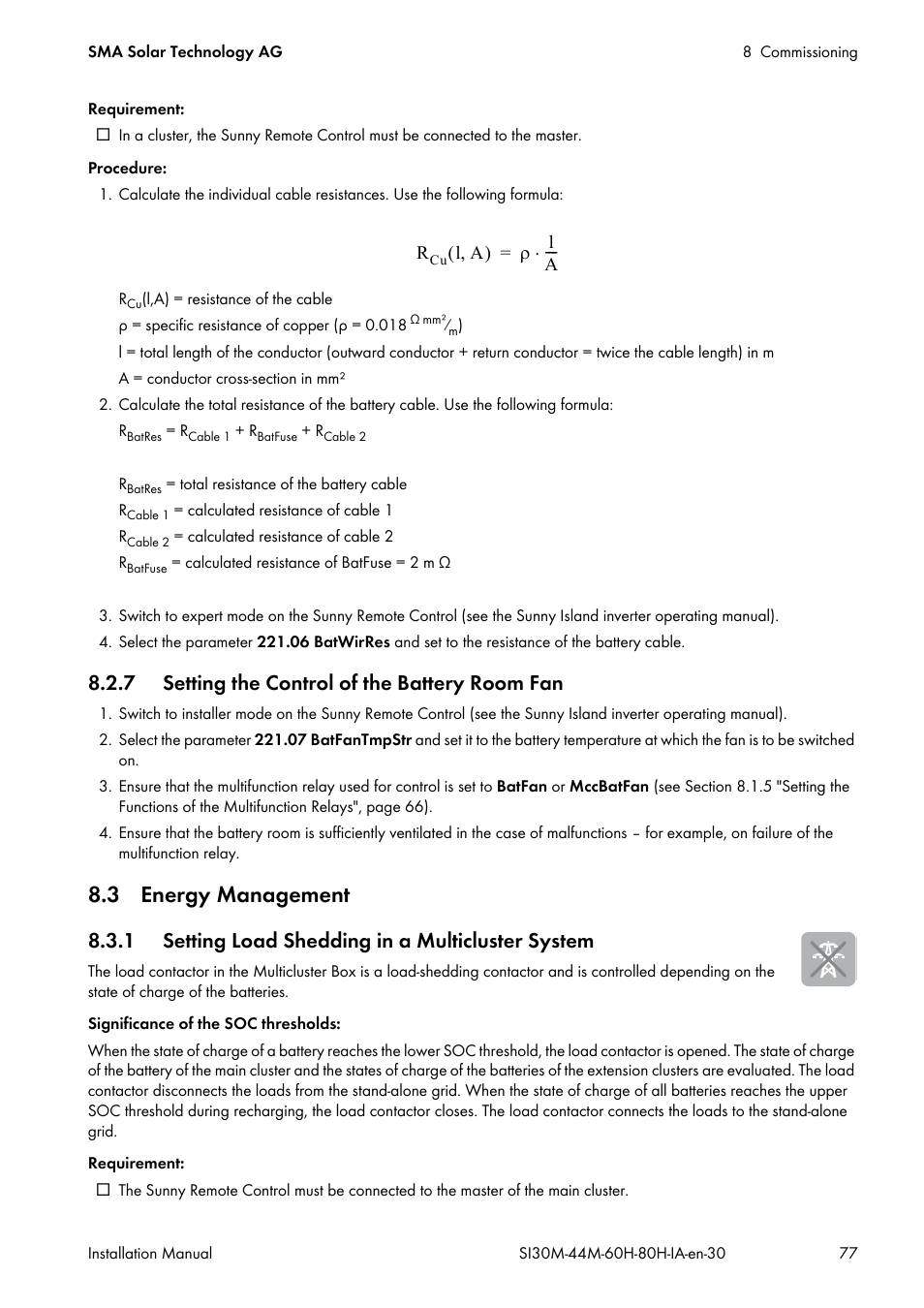 7 setting the control of the battery room fan, 3 energy management, 1 setting load shedding in a multicluster system | SMA SI 3.0-11 Installation User Manual | Page 77 / 104