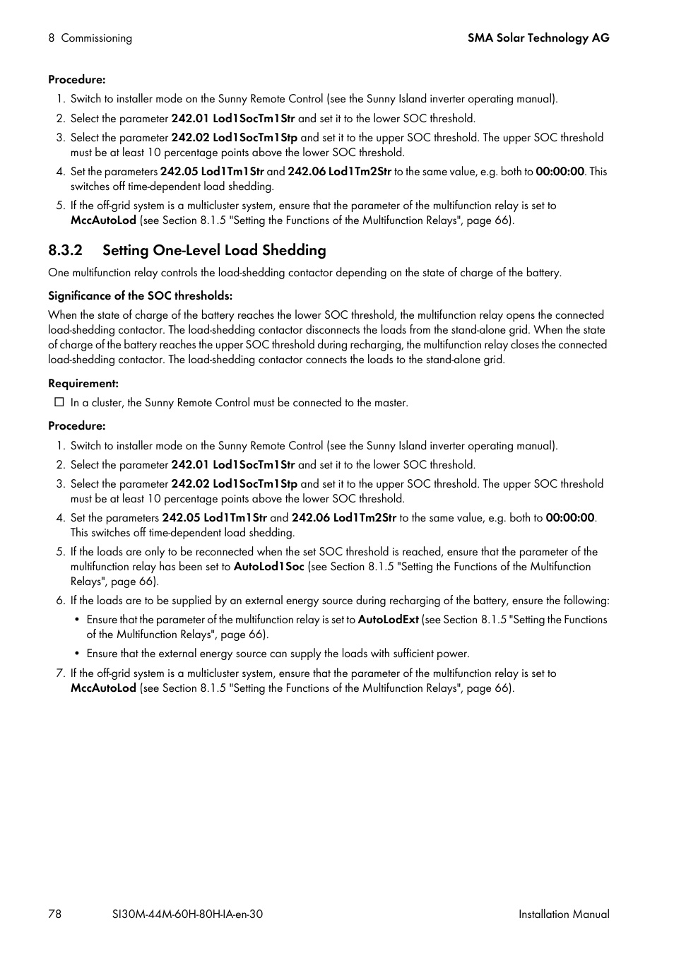 2 setting one-level load shedding | SMA SI 3.0-11 Installation User Manual | Page 78 / 104