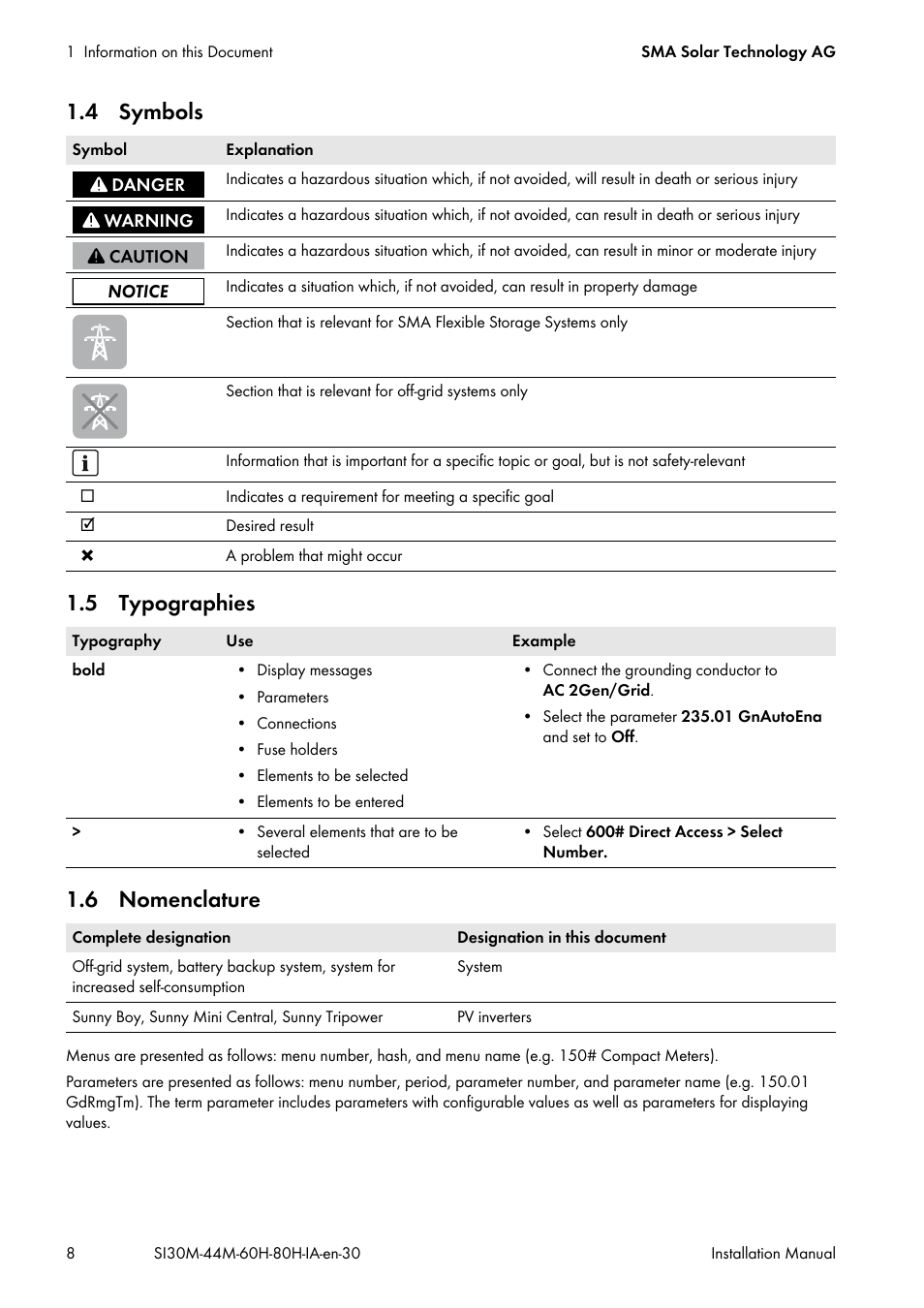4 symbols, 5 typographies, 6 nomenclature | 4 symbols 1.5 typographies 1.6 nomenclature | SMA SI 3.0-11 Installation User Manual | Page 8 / 104
