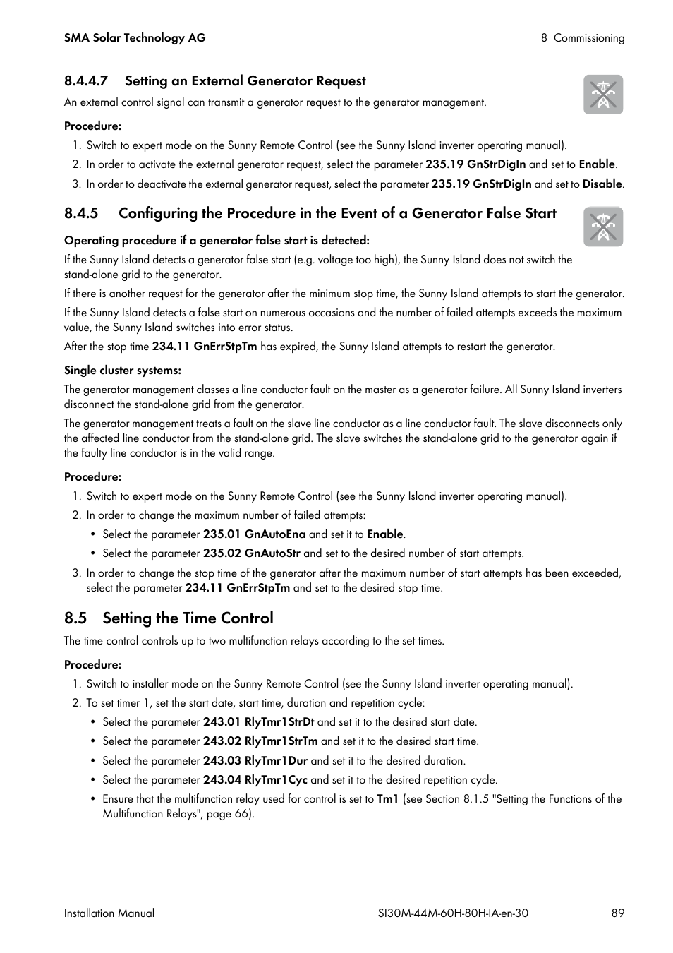 7 setting an external generator request, 5 setting the time control | SMA SI 3.0-11 Installation User Manual | Page 89 / 104