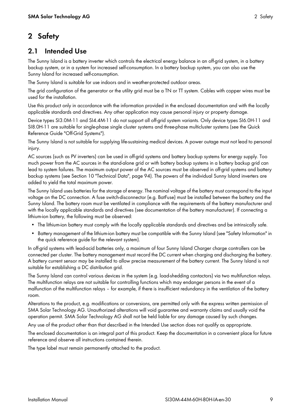 2 safety, 1 intended use | SMA SI 3.0-11 Installation User Manual | Page 9 / 104