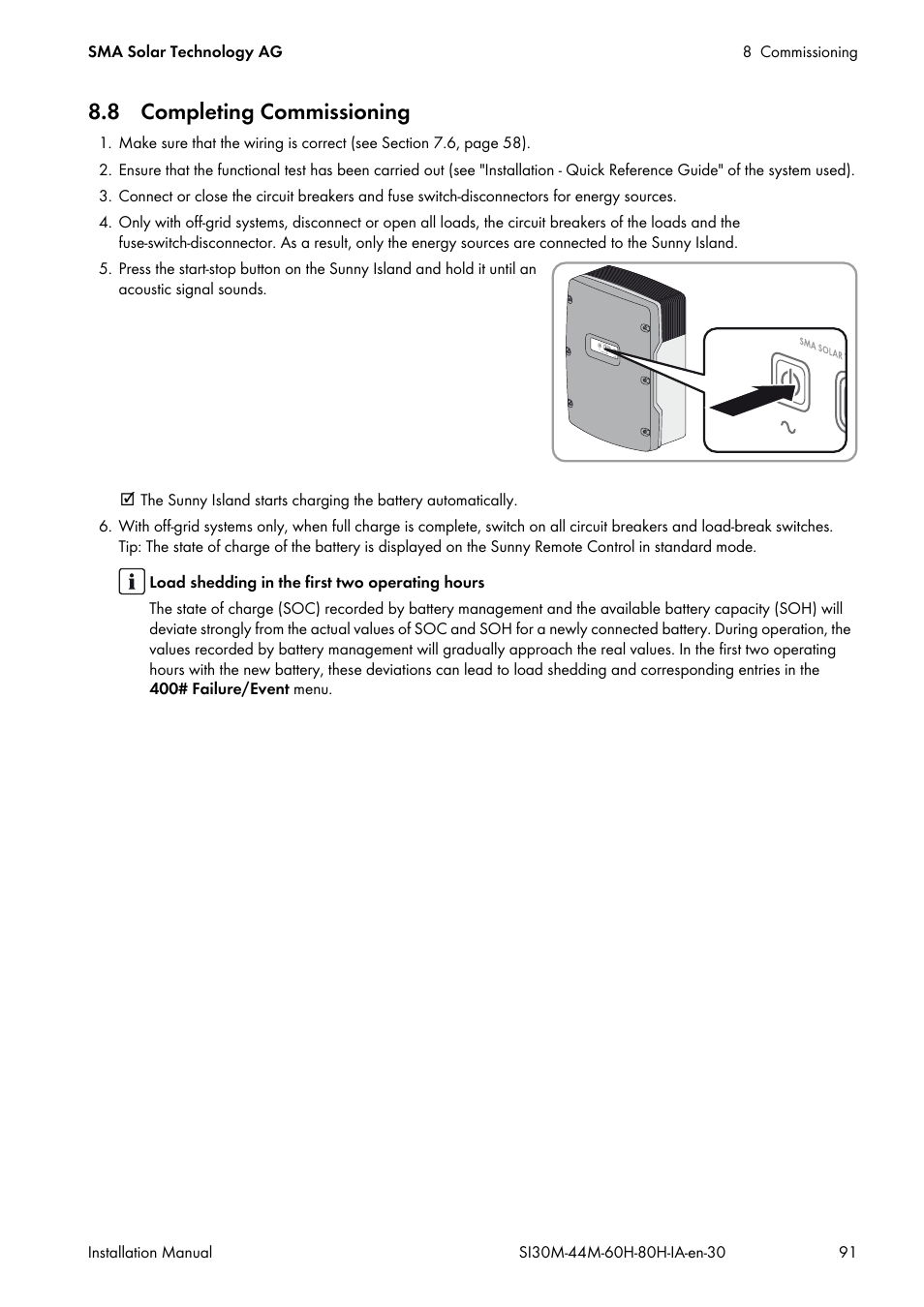 8 completing commissioning | SMA SI 3.0-11 Installation User Manual | Page 91 / 104
