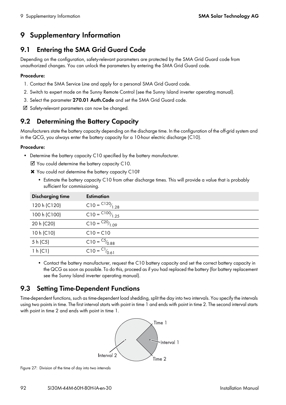 9 supplementary information, 1 entering the sma grid guard code, 2 determining the battery capacity | 3 setting time-dependent functions | SMA SI 3.0-11 Installation User Manual | Page 92 / 104