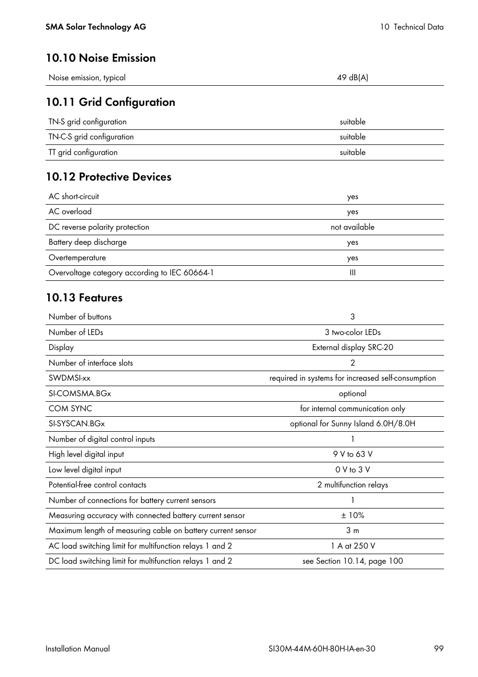 10 noise emission, 11 grid configuration, 12 protective devices | 13 features | SMA SI 3.0-11 Installation User Manual | Page 99 / 104