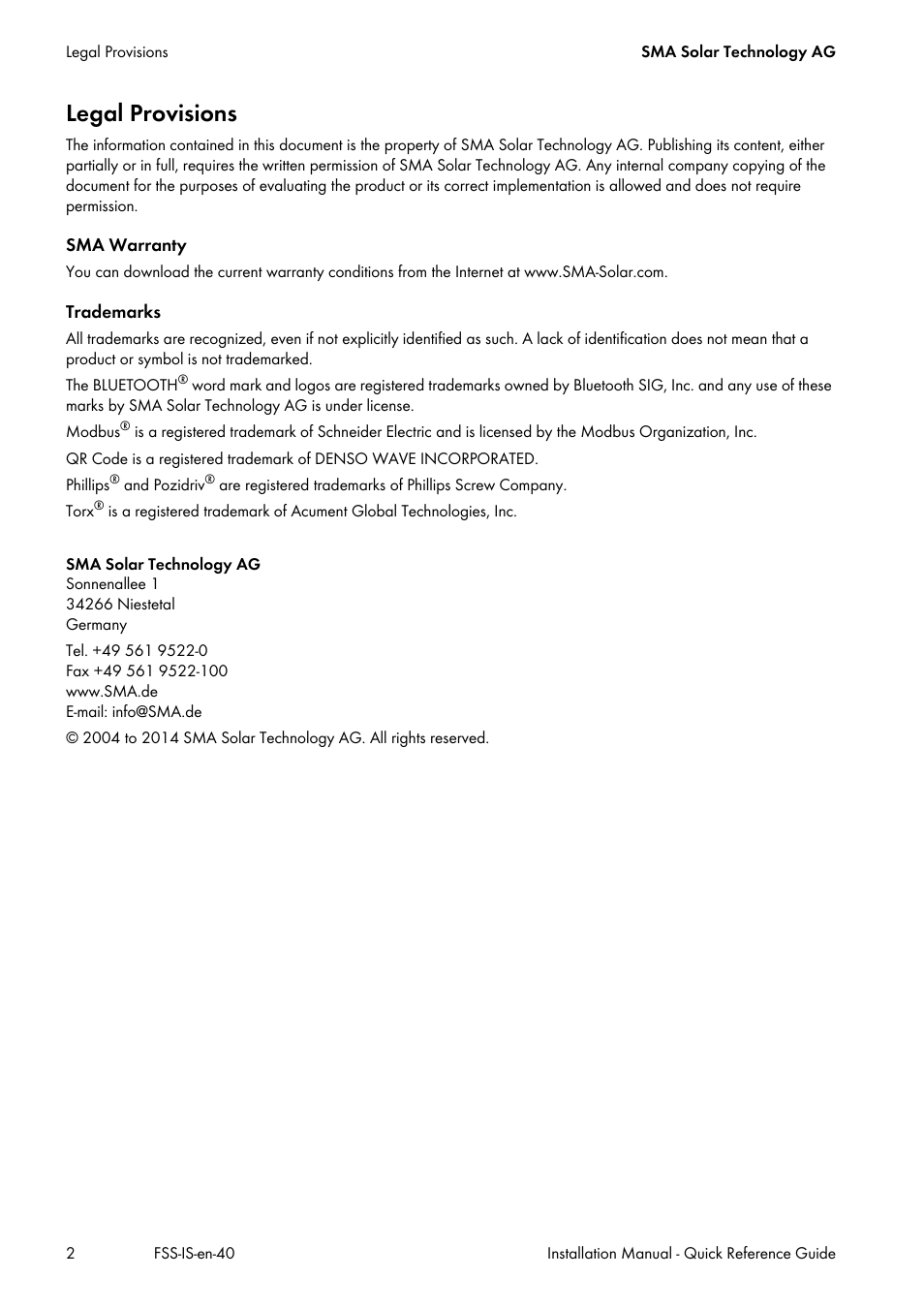 Legal provisions | SMA SI 3.0-11 Quick Reference Guide V.4.0 User Manual | Page 2 / 32