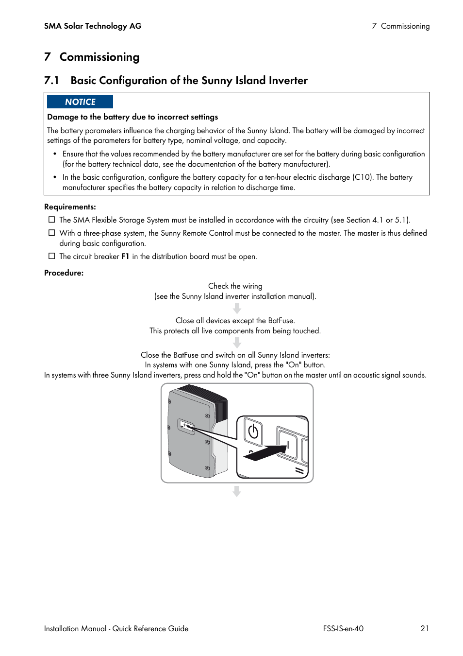 7 commissioning, 1 basic configuration of the sunny island inverter | SMA SI 3.0-11 Quick Reference Guide V.4.0 User Manual | Page 21 / 32