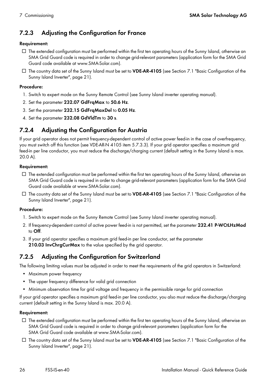 3 adjusting the configuration for france, 4 adjusting the configuration for austria, 5 adjusting the configuration for switzerland | SMA SI 3.0-11 Quick Reference Guide V.4.0 User Manual | Page 26 / 32