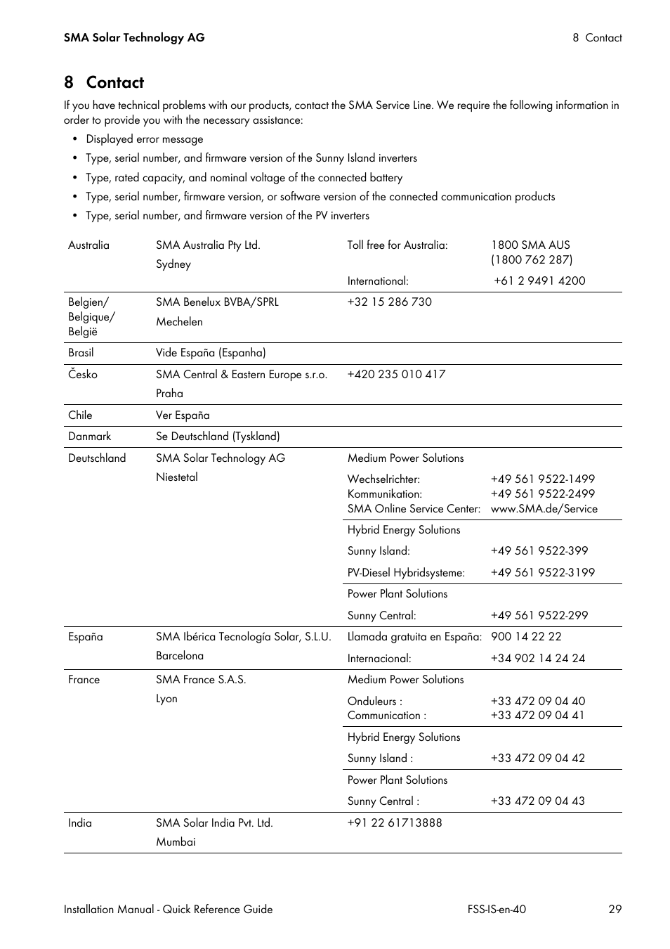 8 contact | SMA SI 3.0-11 Quick Reference Guide V.4.0 User Manual | Page 29 / 32