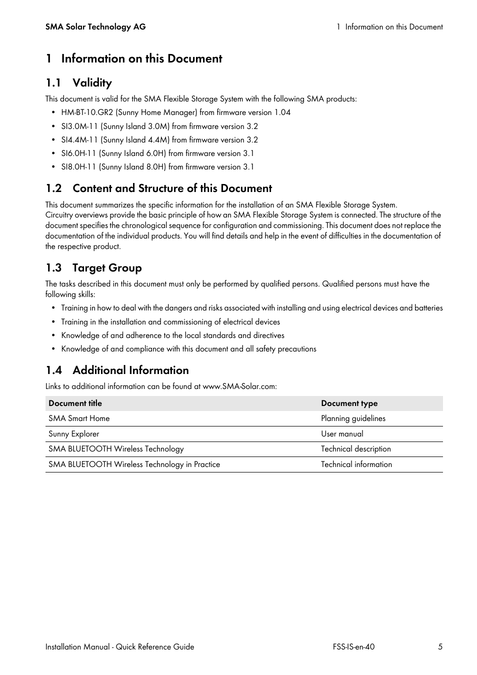 1 information on this document, 1 validity, 2 content and structure of this document | 3 target group, 4 additional information | SMA SI 3.0-11 Quick Reference Guide V.4.0 User Manual | Page 5 / 32