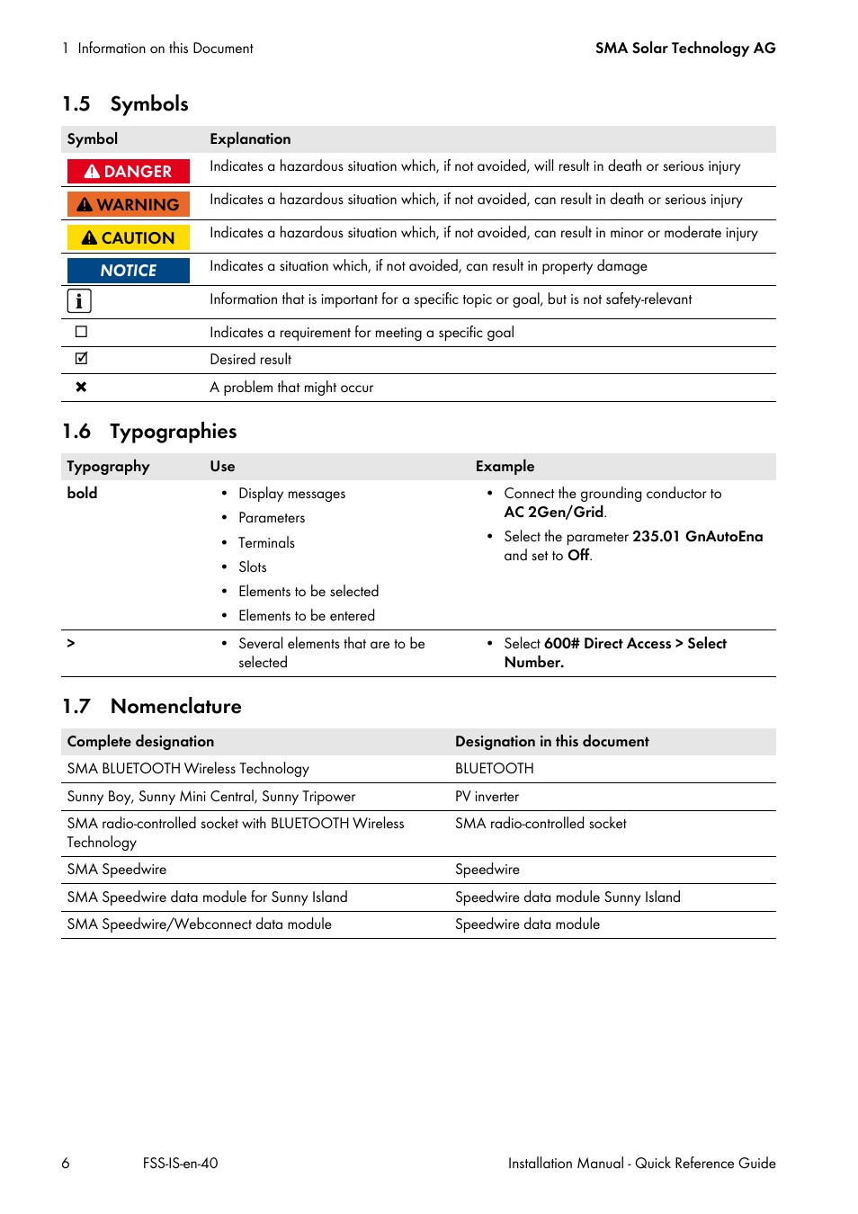 5 symbols, 6 typographies, 7 nomenclature | 5 symbols 1.6 typographies 1.7 nomenclature | SMA SI 3.0-11 Quick Reference Guide V.4.0 User Manual | Page 6 / 32