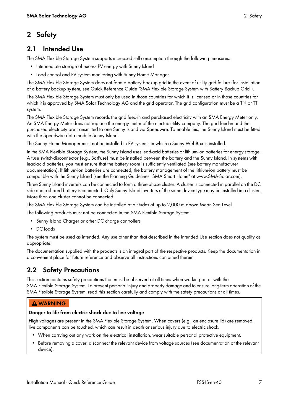 2 safety, 1 intended use, 2 safety precautions | 1 intended use 2.2 safety precautions | SMA SI 3.0-11 Quick Reference Guide V.4.0 User Manual | Page 7 / 32