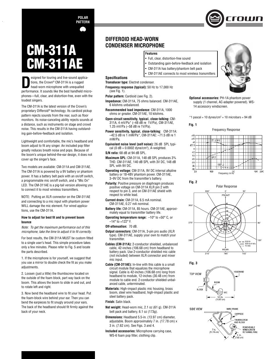 Crown Audio CM-311AE User Manual | 2 pages