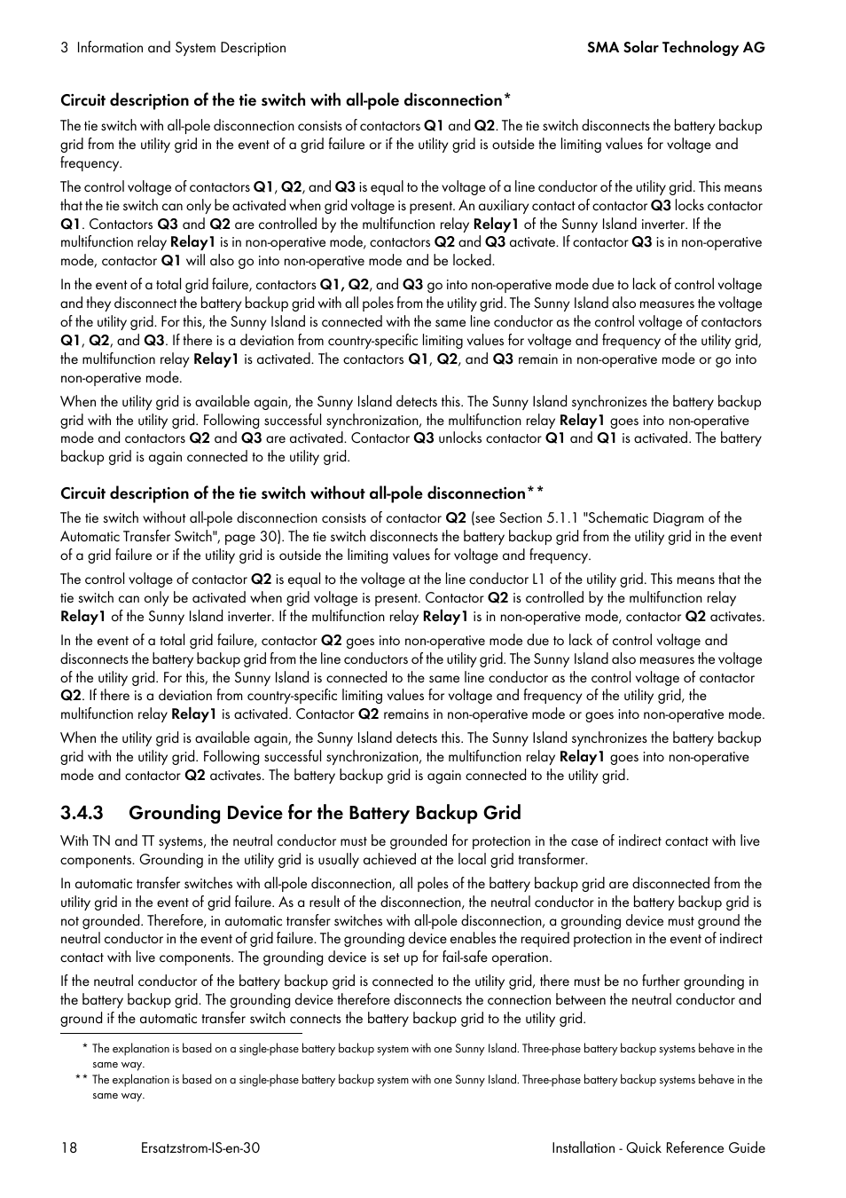 3 grounding device for the battery backup grid | SMA SI 3.0-11 Quick Reference Guide V.3.0 User Manual | Page 18 / 56