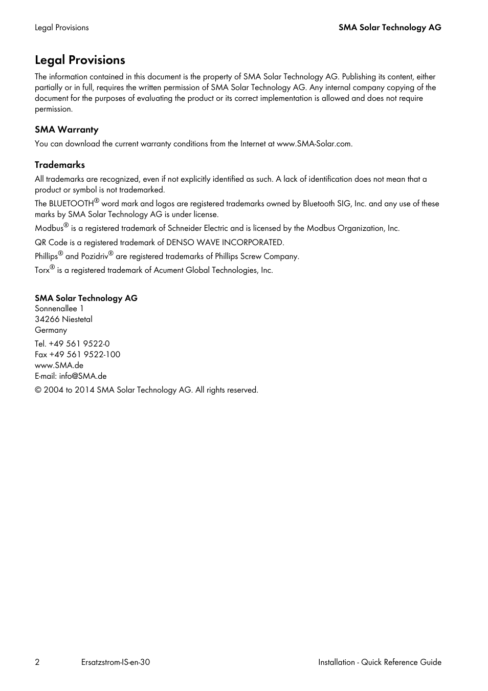 Legal provisions | SMA SI 3.0-11 Quick Reference Guide V.3.0 User Manual | Page 2 / 56