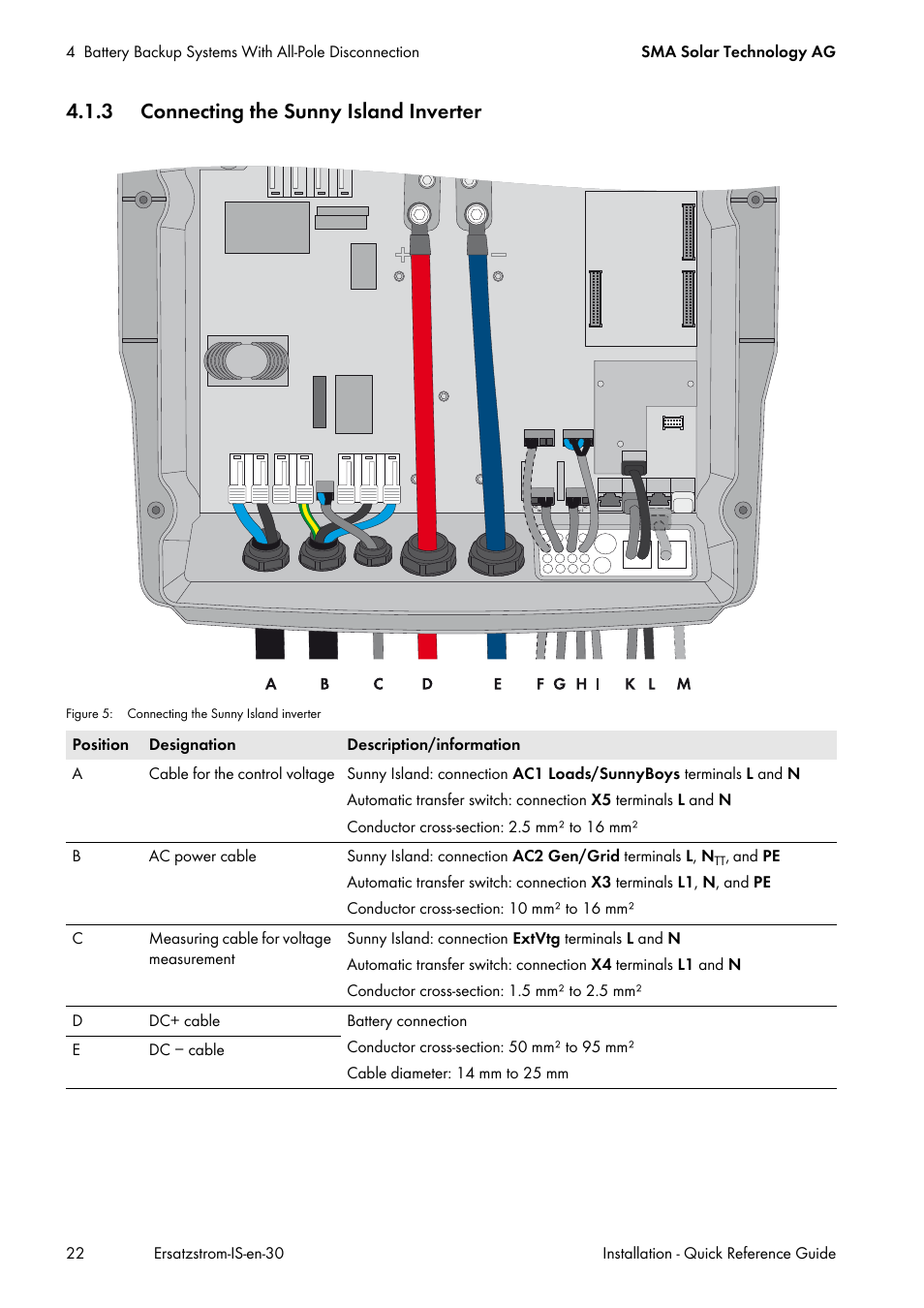 3 connecting the sunny island inverter | SMA SI 3.0-11 Quick Reference Guide V.3.0 User Manual | Page 22 / 56