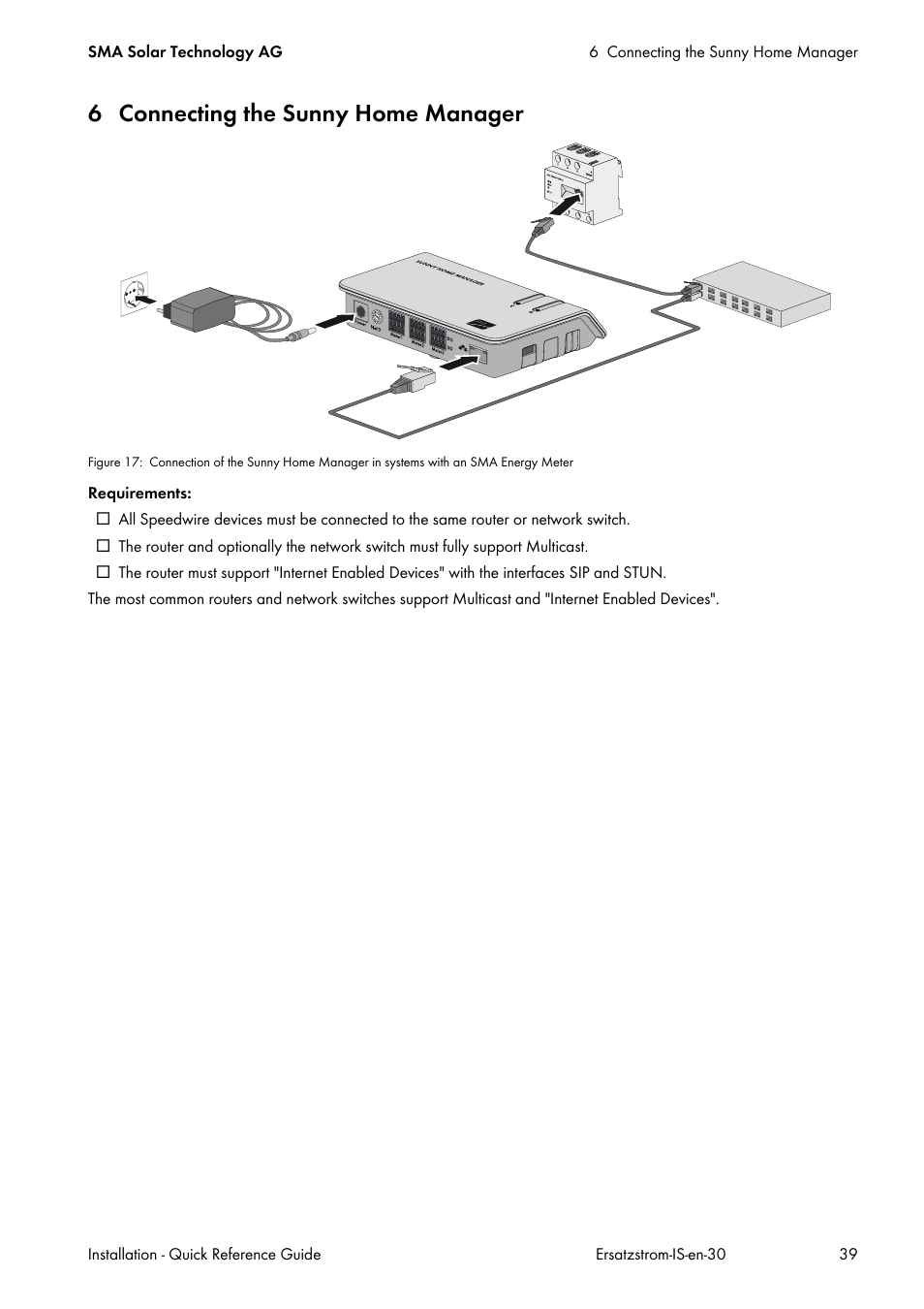 6 connecting the sunny home manager | SMA SI 3.0-11 Quick Reference Guide V.3.0 User Manual | Page 39 / 56