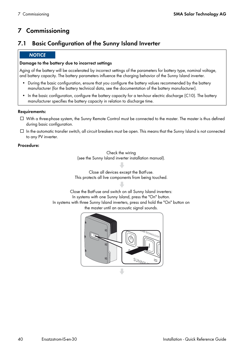 7 commissioning, 1 basic configuration of the sunny island inverter | SMA SI 3.0-11 Quick Reference Guide V.3.0 User Manual | Page 40 / 56