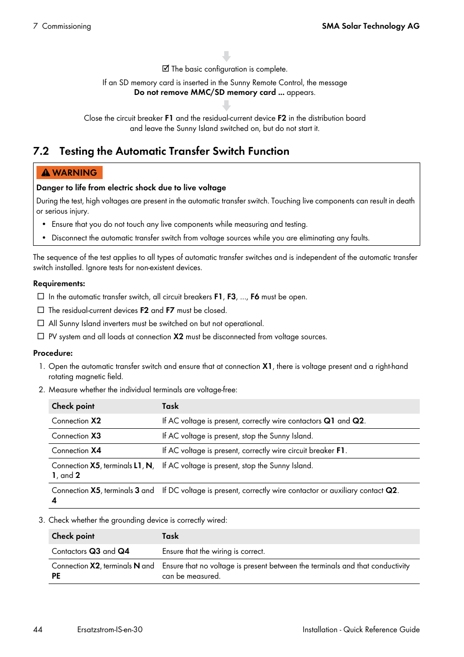 2 testing the automatic transfer switch function | SMA SI 3.0-11 Quick Reference Guide V.3.0 User Manual | Page 44 / 56