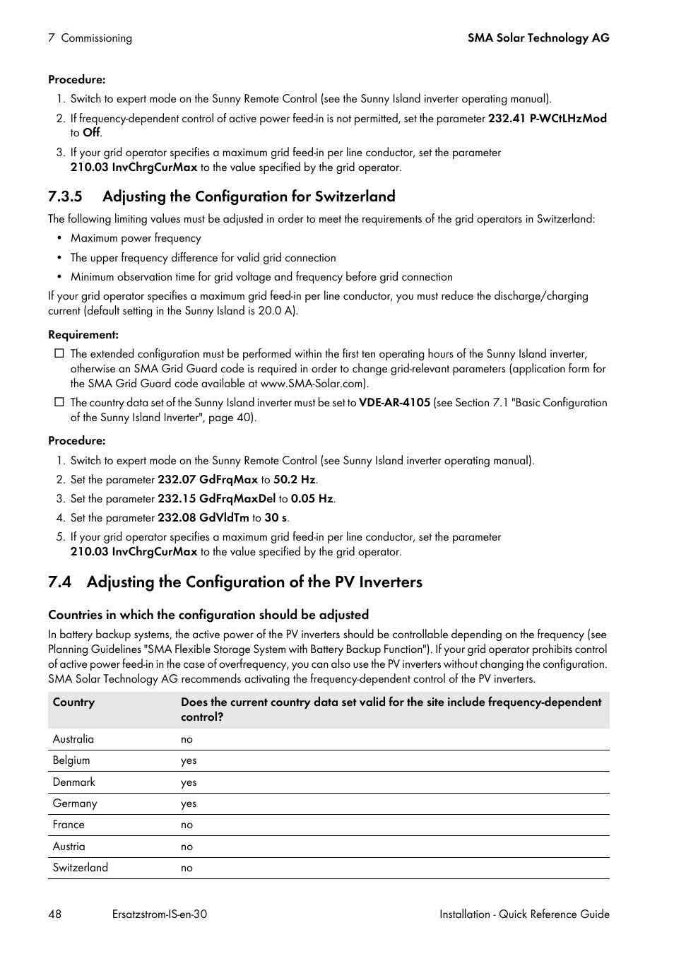 5 adjusting the configuration for switzerland, 4 adjusting the configuration of the pv inverters | SMA SI 3.0-11 Quick Reference Guide V.3.0 User Manual | Page 48 / 56