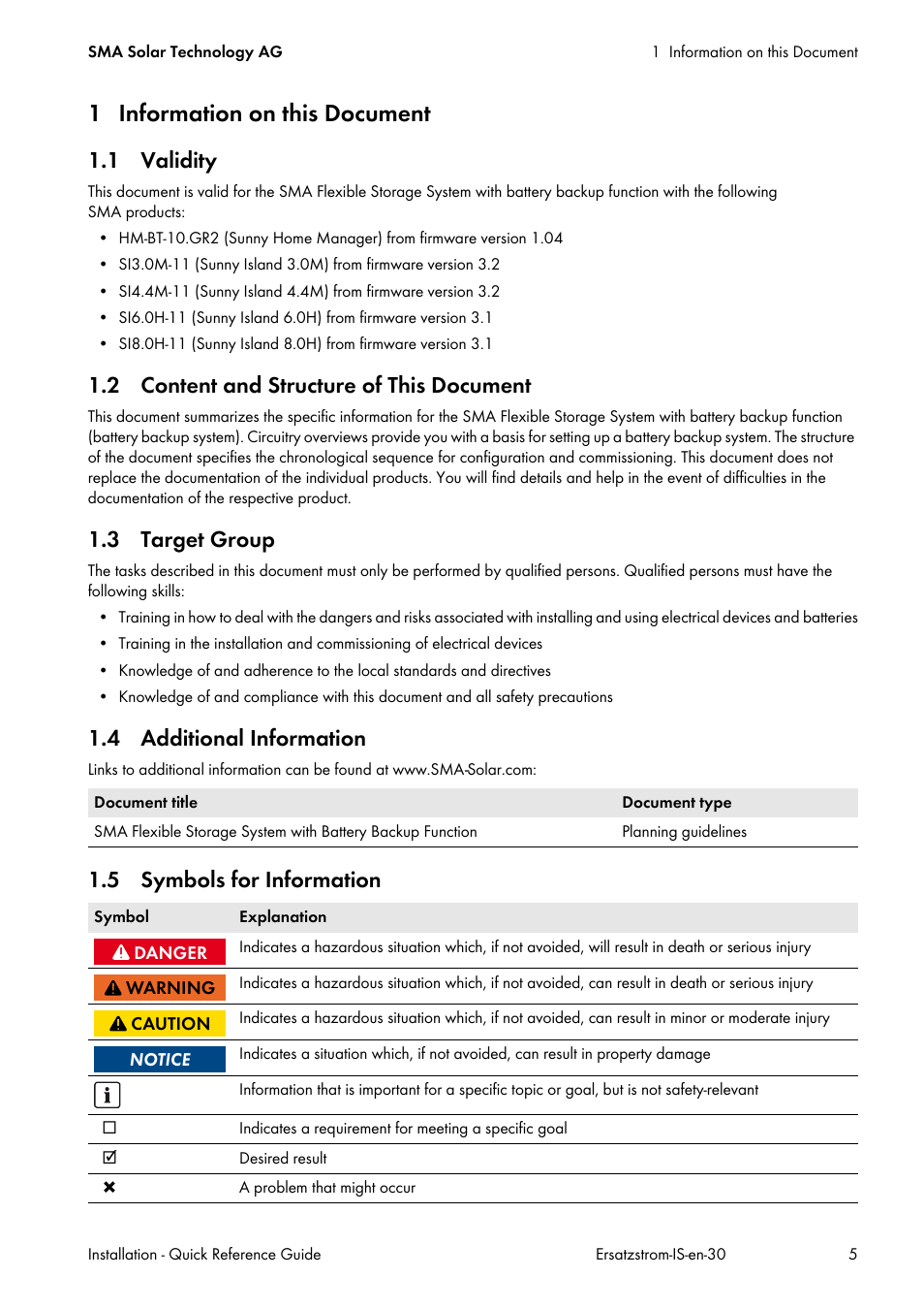 1 information on this document, 1 validity, 2 content and structure of this document | 3 target group, 4 additional information, 5 symbols for information | SMA SI 3.0-11 Quick Reference Guide V.3.0 User Manual | Page 5 / 56