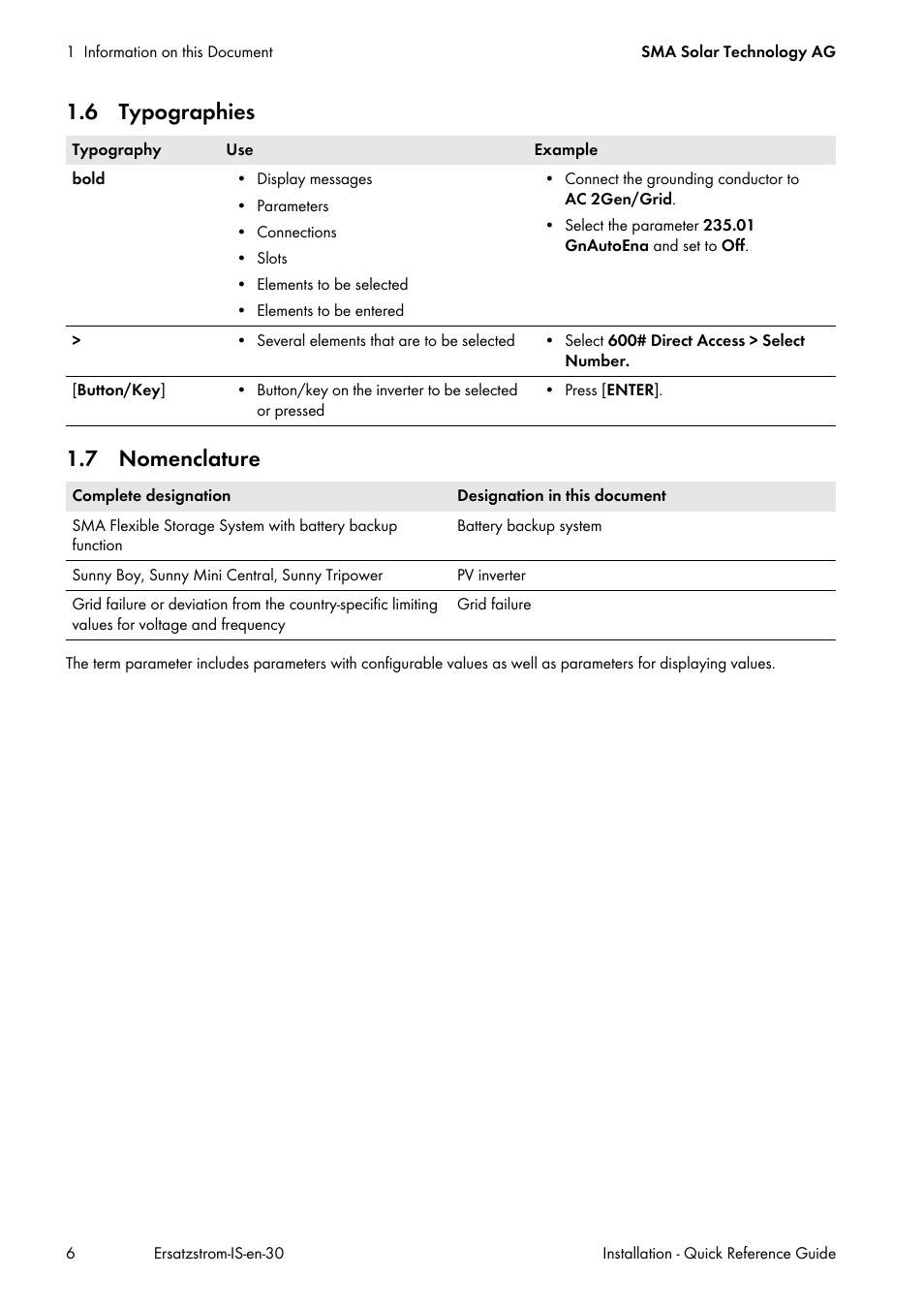 6 typographies, 7 nomenclature, 6 typographies 1.7 nomenclature | SMA SI 3.0-11 Quick Reference Guide V.3.0 User Manual | Page 6 / 56