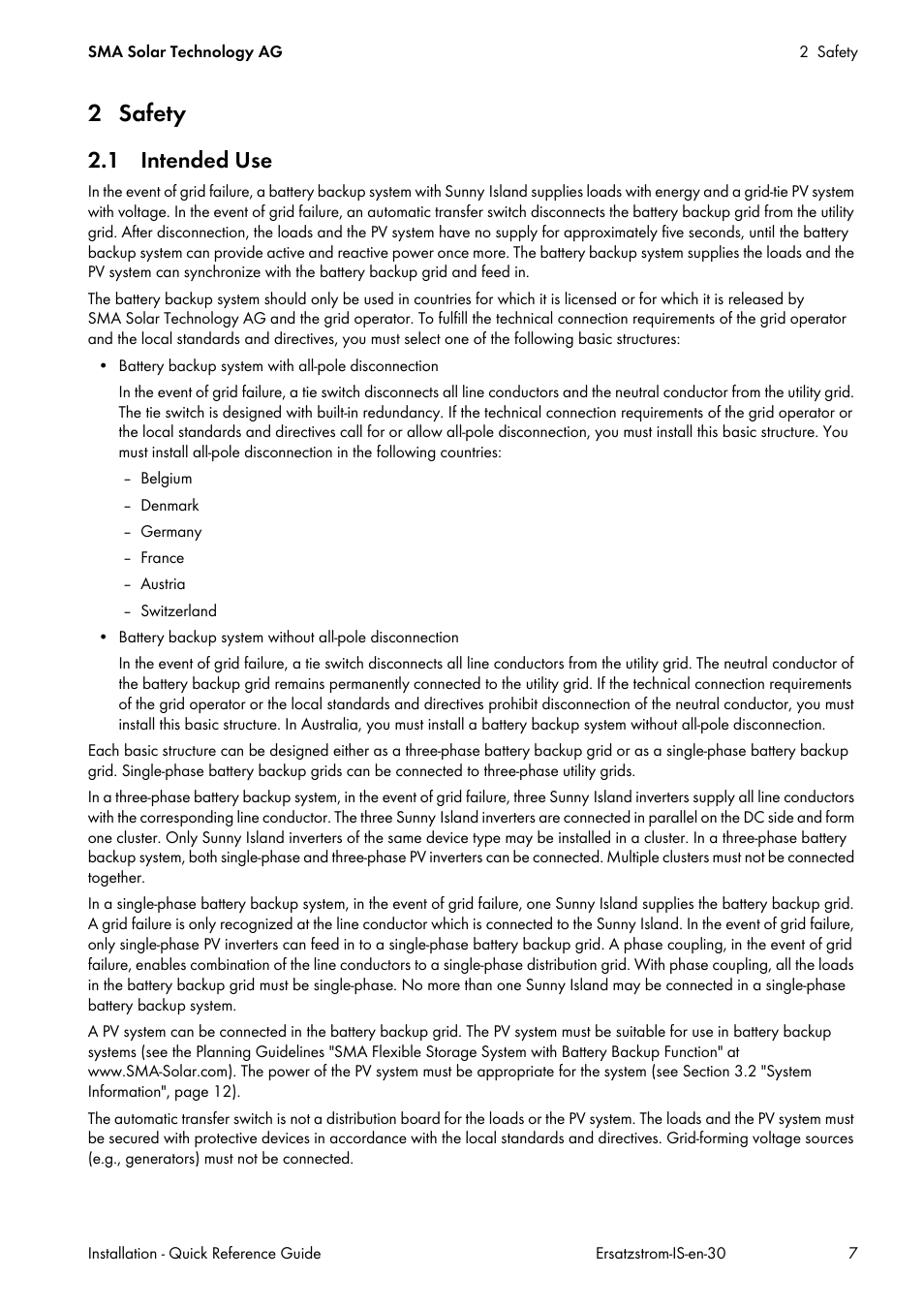 2 safety, 1 intended use | SMA SI 3.0-11 Quick Reference Guide V.3.0 User Manual | Page 7 / 56