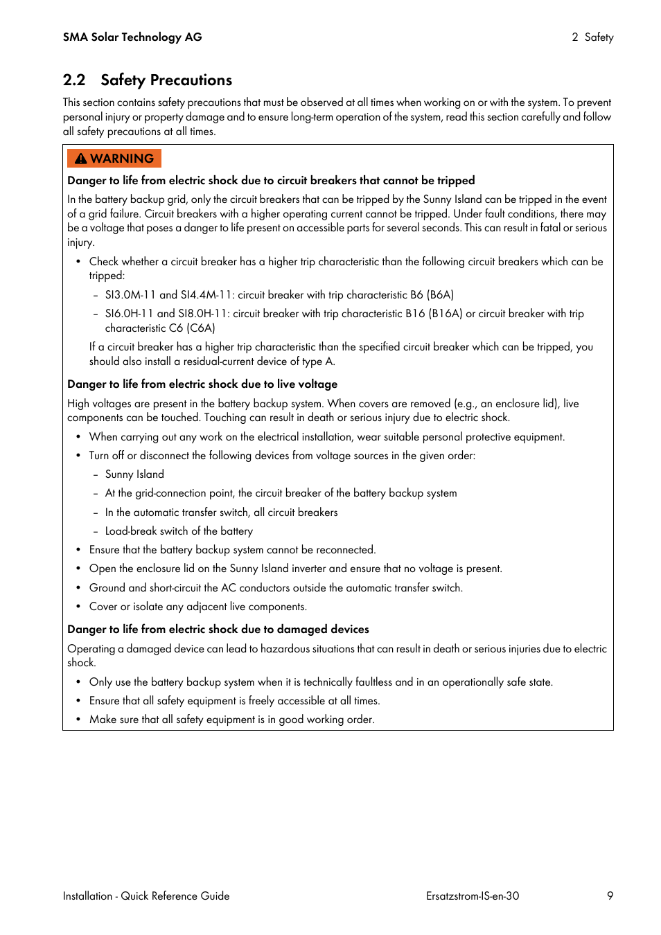 2 safety precautions | SMA SI 3.0-11 Quick Reference Guide V.3.0 User Manual | Page 9 / 56