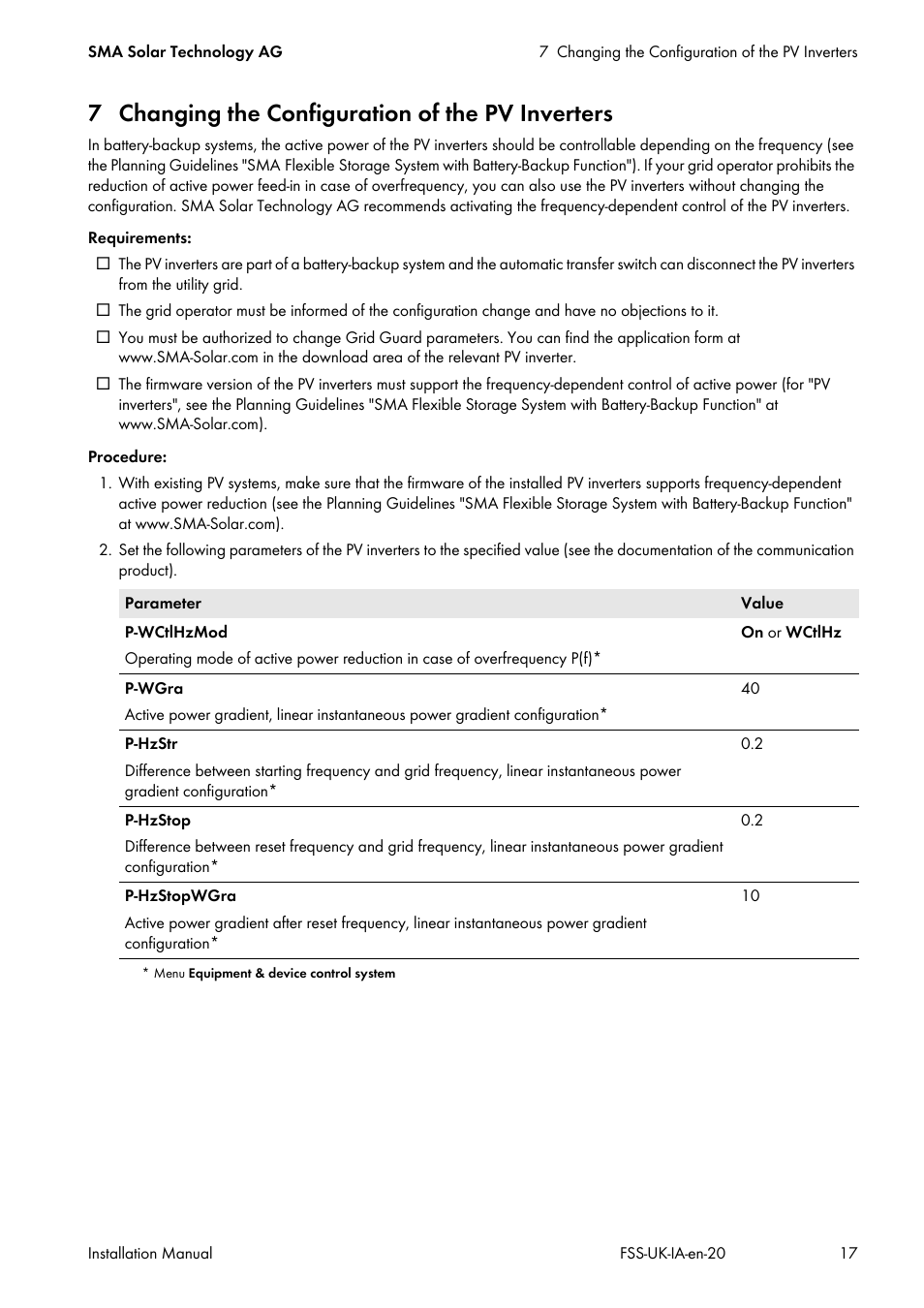 7 changing the configuration of the pv inverters | SMA FLEXIBLE STORAGE SYSTEM User Manual | Page 17 / 20