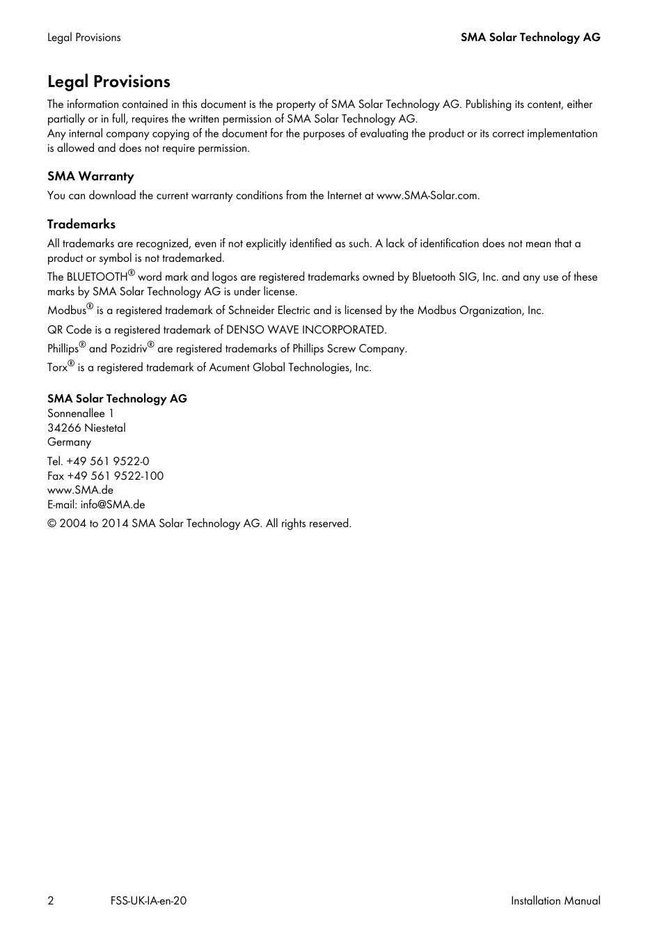 Legal provisions | SMA FLEXIBLE STORAGE SYSTEM User Manual | Page 2 / 20