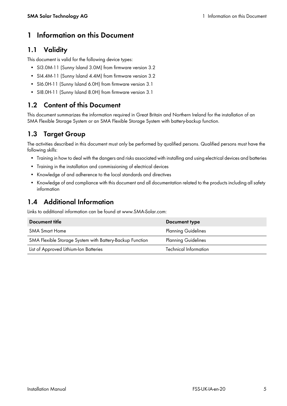 1 information on this document, 1 validity, 2 content of this document | 3 target group, 4 additional information | SMA FLEXIBLE STORAGE SYSTEM User Manual | Page 5 / 20