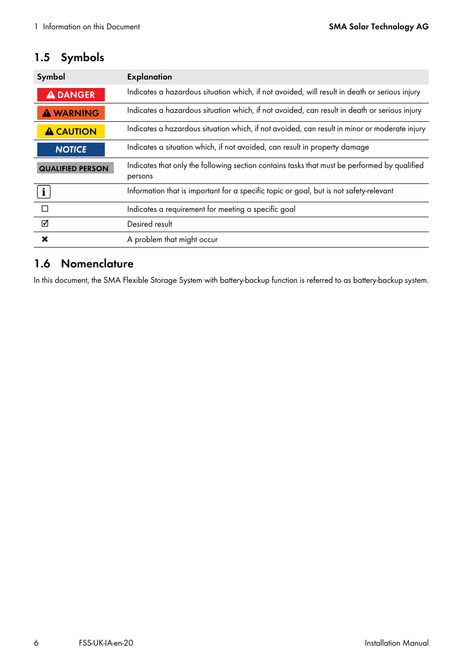 5 symbols, 6 nomenclature, 5 symbols 1.6 nomenclature | SMA FLEXIBLE STORAGE SYSTEM User Manual | Page 6 / 20