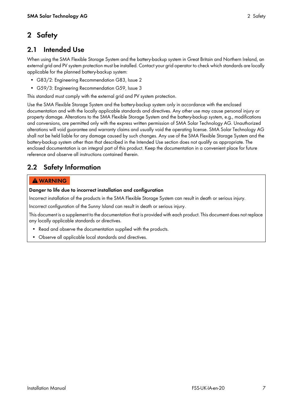 2 safety, 1 intended use, 2 safety information | 1 intended use 2.2 safety information | SMA FLEXIBLE STORAGE SYSTEM User Manual | Page 7 / 20