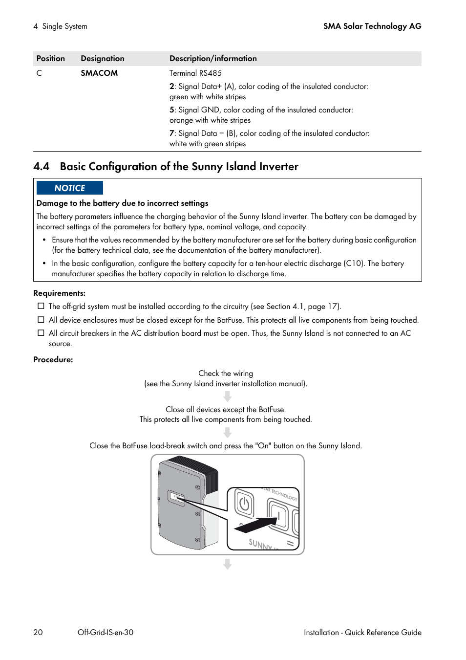 4 basic configuration of the sunny island inverter | SMA Off-Grid Systems User Manual | Page 20 / 48